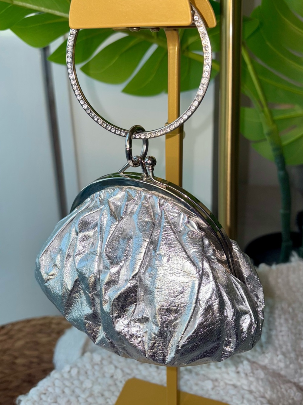 Vintage Y2K ALDO Silver Rhinestone Bracelet Handle Clutch Bag